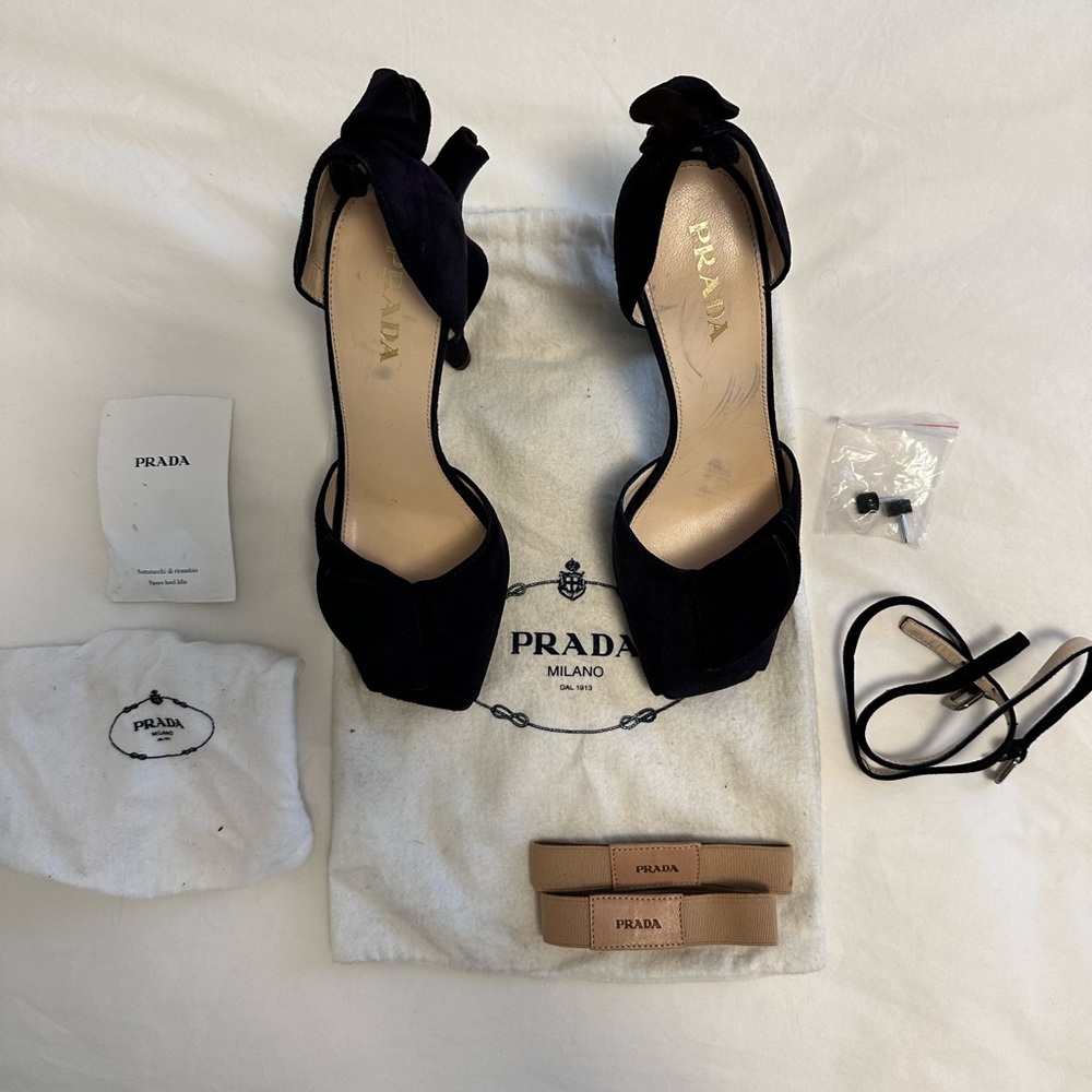 Prada navy and brown suede heeled tulip sandal